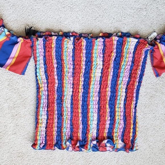 LIBERTY LOVE Off Shoulder Ruched Rainbow Striped Top - Picture 2 of 6